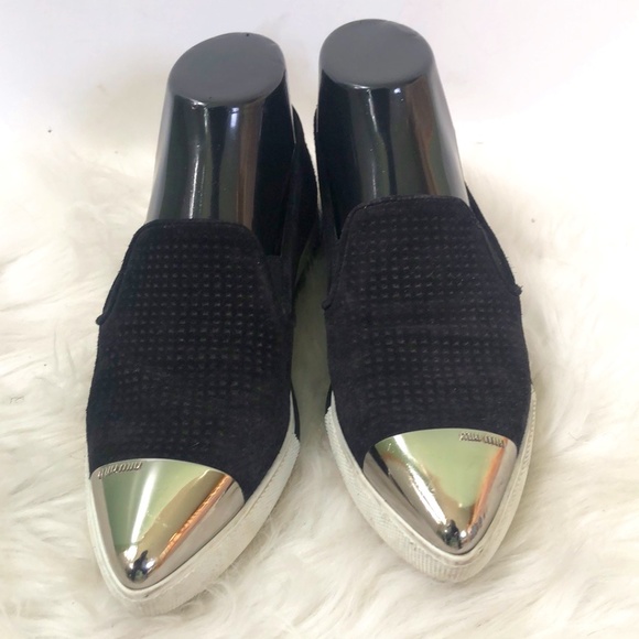 Miu Miu Women's Black Suede Metal Cap Toe Slip On Sneakers Size 35.5 w/ COA - Picture 2 of 10
